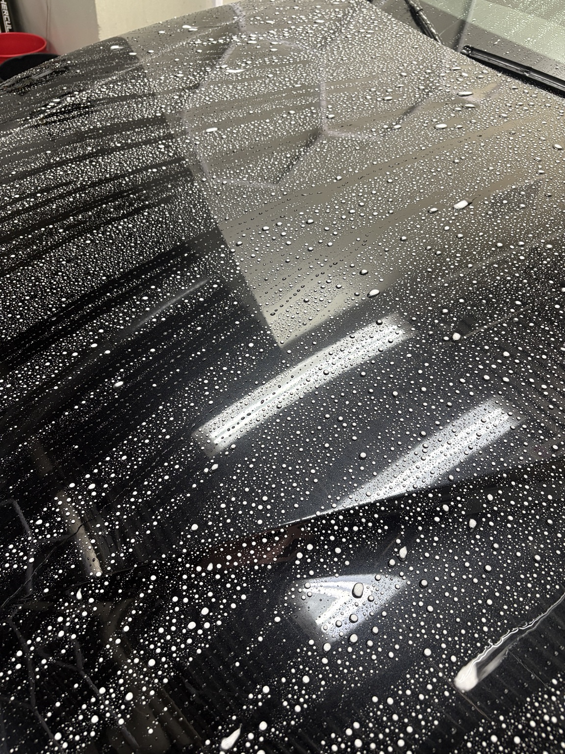 Protected black paint beading water